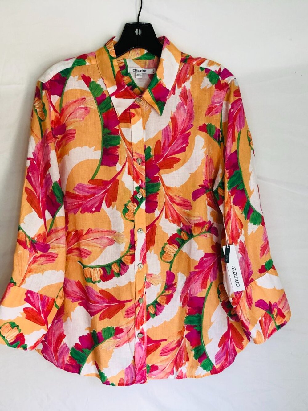 NEW Chicos Size 2 Floral 100% Linen Blouse 3/4 Sleeve Button Up Shirt US 12 NWT